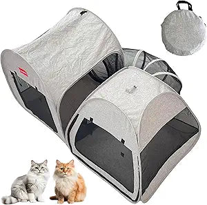 Portable Cat Playpen 2-Room with Tunnel, 3-in-1 Pop-up Cat Dog Crate Play Enclosure with Separate Areas, Foldable Pet Playpen for Puppy Kitten and Small Animals Indoor Outdoor