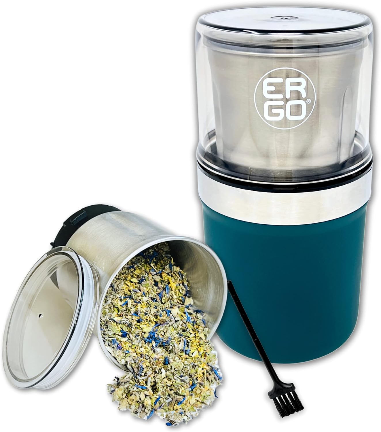 ERGO Herb Grinder - Electric. Large Capacity with Removable (washable) Stainless Cup and Airtight Lid. For Herbs and Spices. Pollen Brush included