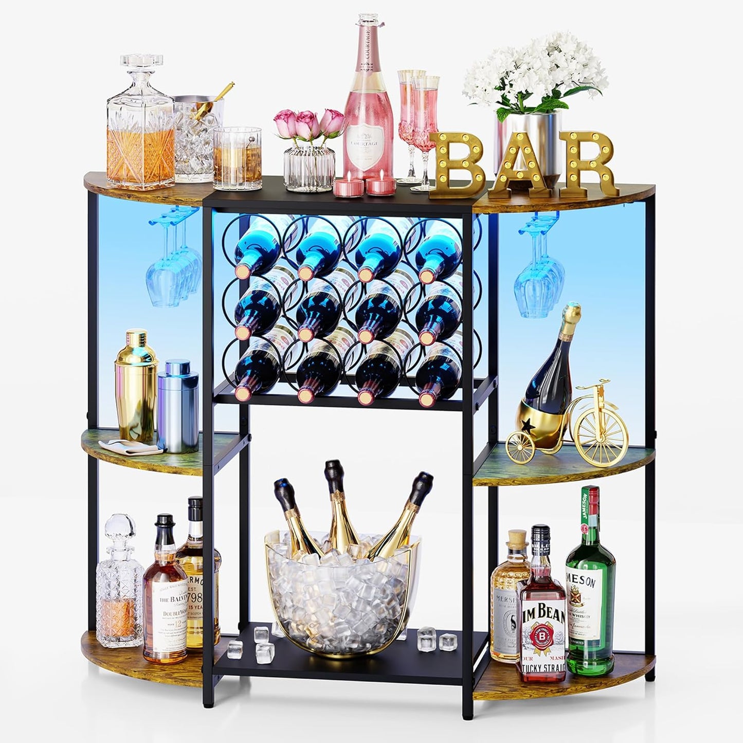 JKsmart Wine Bar Cabinet with LED Lights, Mini Wine Rack with Storage and Glass Holder, Home Bar Cart for Liquor, 3-Tier Bar Table for Kitchen, Dining Room, Living Room, Rustic Brown