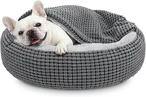 SIWA MARY Dog Bed with Attached Blanket for Small Dogs or Cats, Soft Plush Cozy Donut Cuddler Hooded Pet Beds Washable. Round Puppy Bed Orthopedic, Calming Cat Cave Bed. Anti-Slip Bottom 26inch