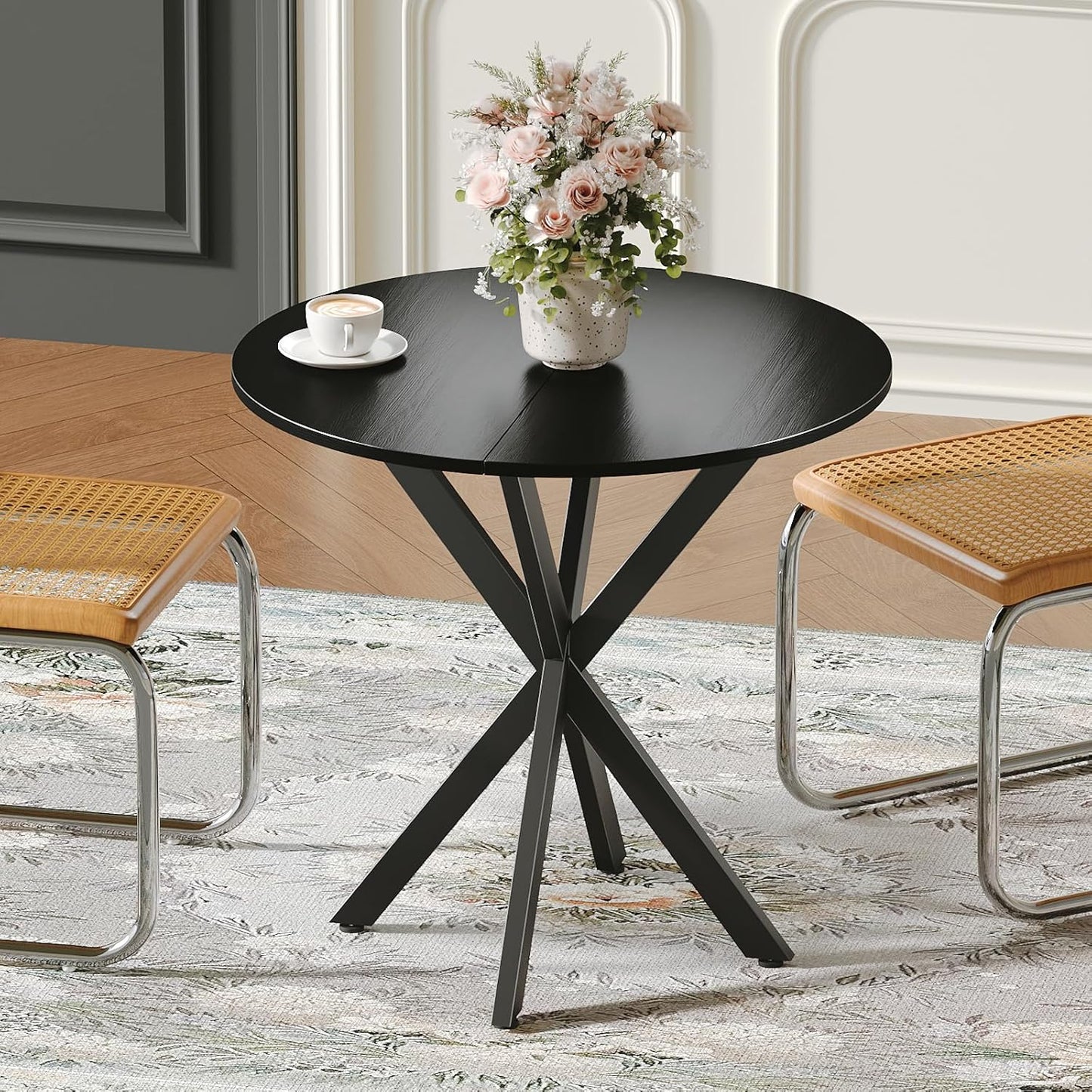 Unovivy 31.5" Black Small Round Dining Table for 2-4, Space Saving Circle Kitchen Dinner Table, Mid Century Modern Dining Room Desk for Kitchen, Apartment