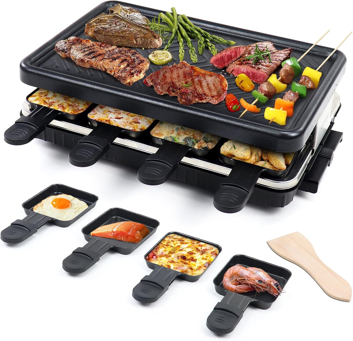 Electric Raclette Grill & Korean BBQ - 8 Non-Stick Cheese Trays, 1300W with Temperature Control, Dishwasher-Safe Indoor Grill for Family Gatherings & Interactive Dinner Parties