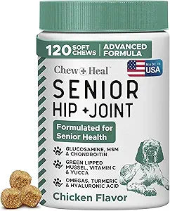 Chew + Heal Labs Glucosamine for Dogs Hip and Joint Supplement - 120 Senior Dogs Mobility Soft Chews - Made with Glucosamine, MSM, Chondroitin, Green Lipped Mussels and More - Made in The USA