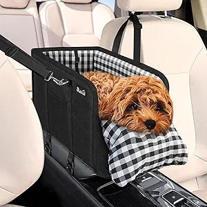 SlowTon Console Dog Car Seat - Portable Dogs Armrest Booster Seat for Small Dog, Anti-Collapse Pet Car Seat with Soft Cushion Safety Belt, Support Pet Up to 11lbs (Black)