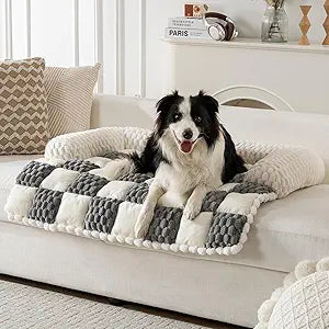 Calming Dog Bed Mats, Thick Flannel Mat for Pets Dog Pad, Washable Non-Slip Couch Protector Pet Friendly Dog Mat for Couch and Sofa(BuleGrey&White, L-39.37 x 33.45 inch)