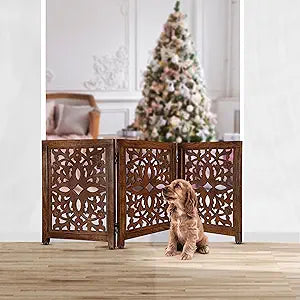 Lightnpro Wooden Pet Gate - Decorative Carved Foldable Dog Gate, Extra-Wide Freestanding Indoor Safety Fence for Dogs & Cats, Perfect for Stairs, Hallways & Home Décor - 24x18 Inch Natural Burnt