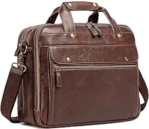 Bosidu Leather Briefcases for Men 15.6 Inch Laptop Messenger Bag with Triple Compartments Water-Resistant Computer Shoulder Bag for Business, Travel, Work, Office, Brown