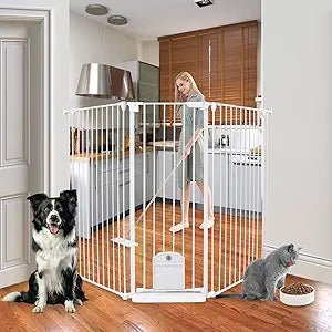 51.18inch Tall Dog Gate, 81.11" Extra Wide Pet Gate with Cat Door, Auto Close Hardware Mounted Walk Through Swing Safety Gates for Stairs,Doorways,3 Panels (White, 29.14"-81.11" Wide)