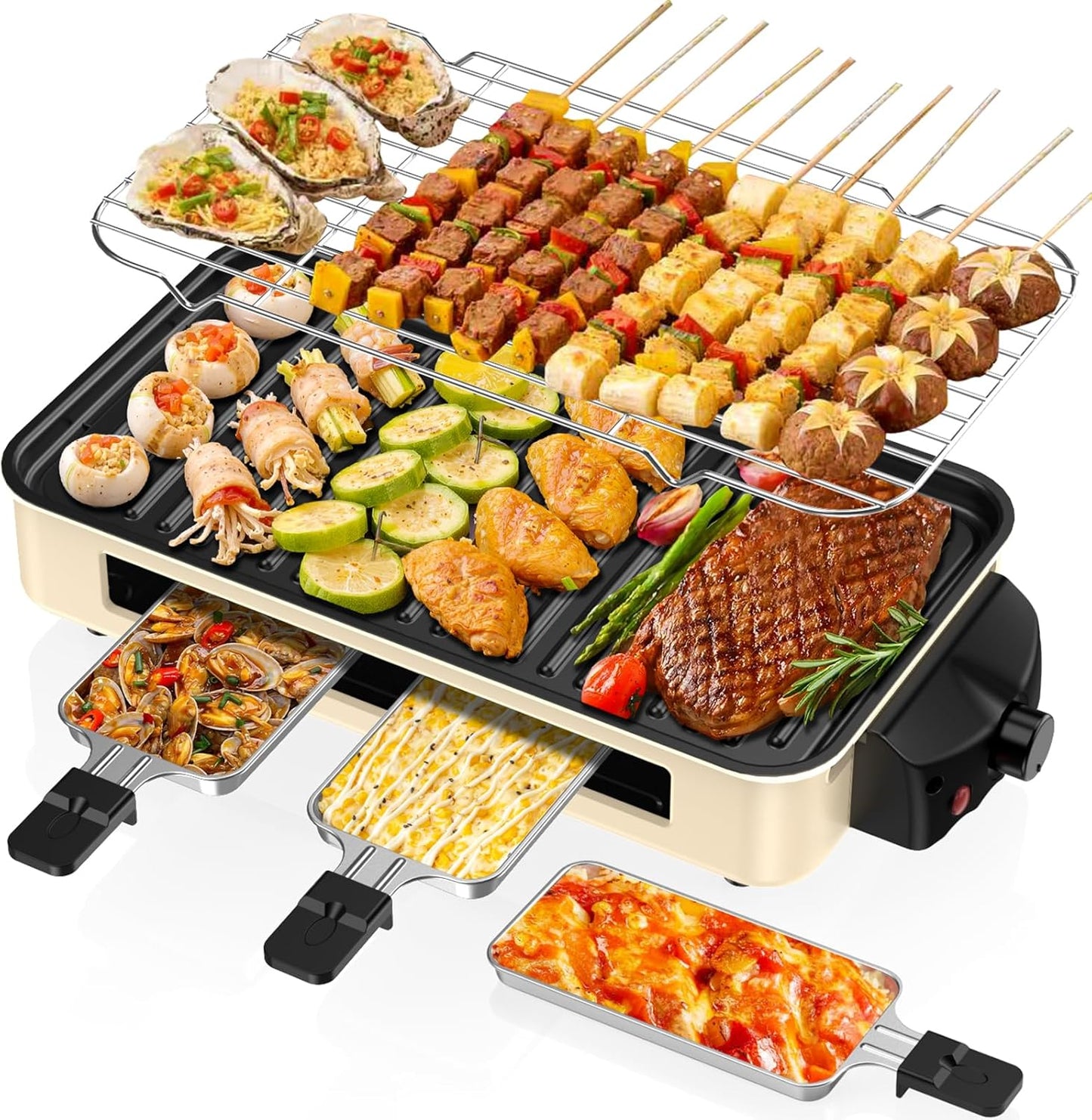 Electric Indoor Grill 1500W -2 in 1 Smokeless Indoor Grill for Kitchen with Non-stick Removable Grill & Griddle Plate,Temperature Control Korean BBQ Grill with 3 Cheese Pans Dishwasher Safe