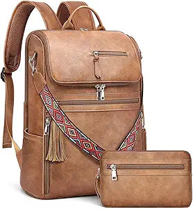 Leather Laptop Backpack for Women Designer Laptop Bag, 16.5 inch Travel Computer Backpacks Purse with Tassel for Work Business with Satchel Purse Brown