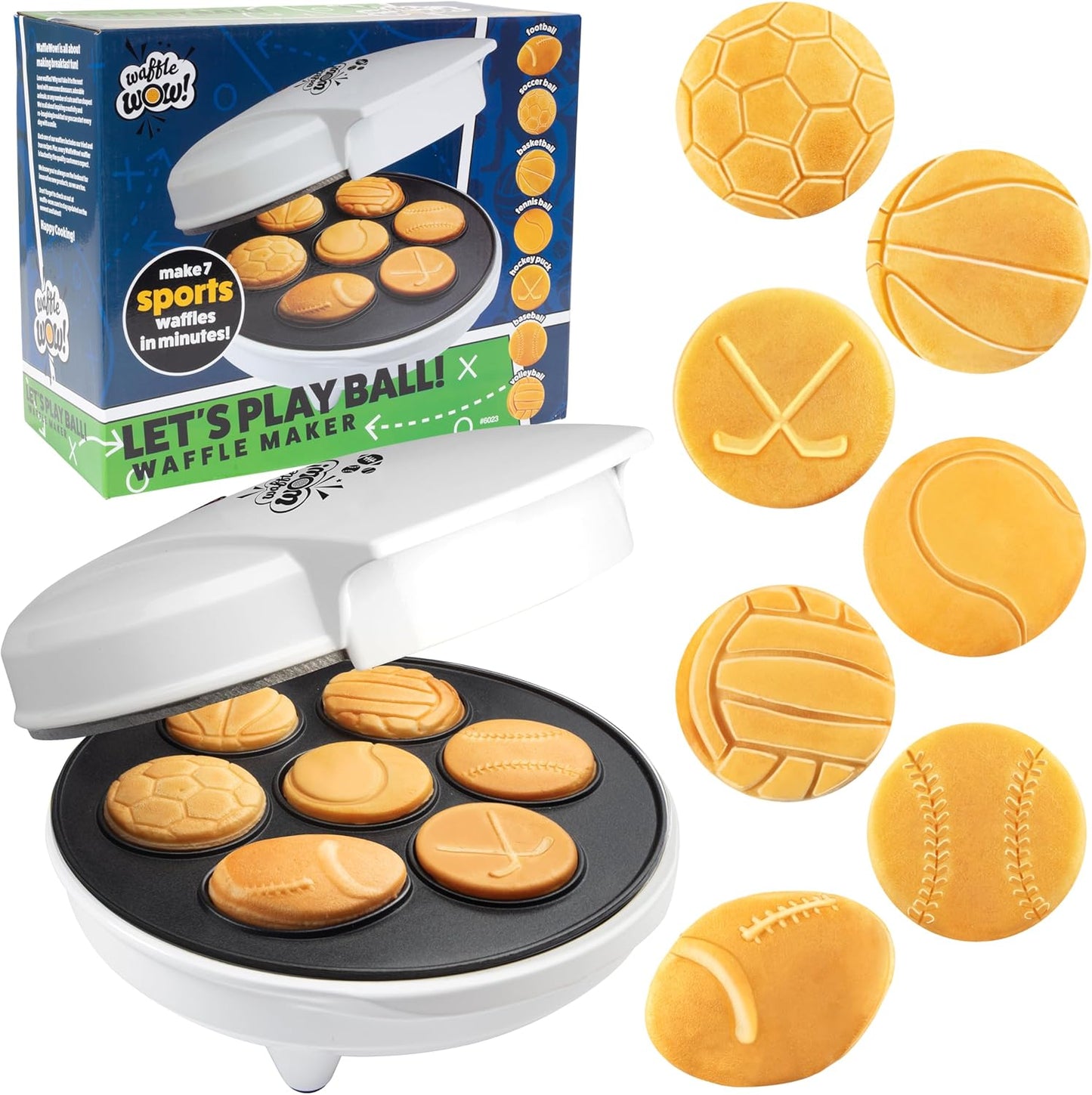 Sports Waffle Maker- Make Breakfast a Slam Dunk- Bakes 7 Themed Pancakes Including Football, Baseball, Basketball, Soccer, Tennis & More- Electric Nonstick Waffler with Recipe Guide- Kids Morning Fun