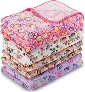 Tatuo 4 Pcs Dog Blanket for Pet Cat Blankets Indoor Puppy Teething Stuff Toys Paw Print Fleece Soft Blanket Sleep Mat for Guinea Pig Cage(White, Coffee, Pink, Purple,XXX-Large(51 x 63 Inch),Square)