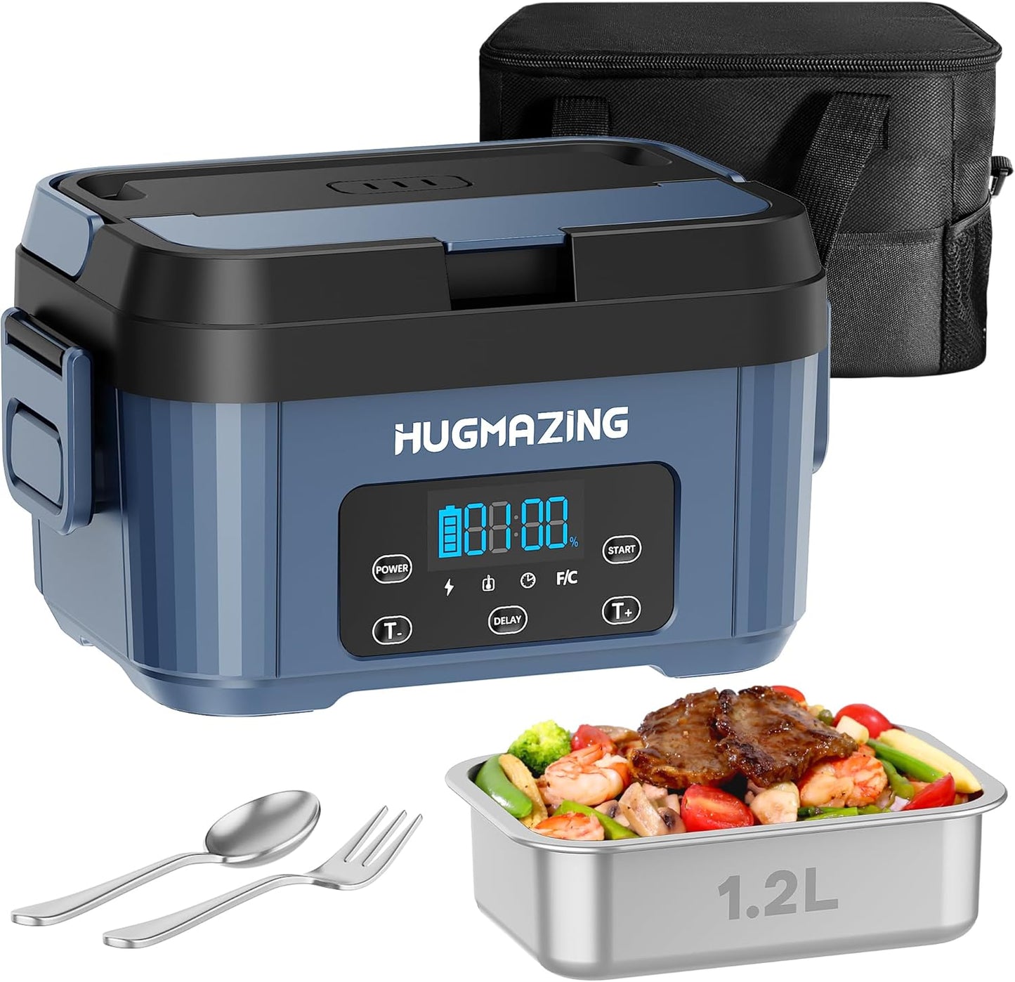 Hugmazing Cordless Electric Lunch Box for Adults, Men & Women \u2013 Rechargeable Self-Heating Food Warmer with 1.2L SS Container, Battery-Powered Heated Lunch Box, Perfect for Work and Travel Use