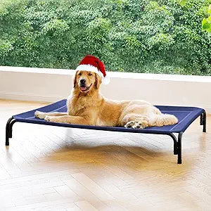 Elevated Dog Bed Raised Outdoor Dog Cot for Large Dogs, Installation Requires No Tools, Frame with Washable Cooling Breathable Mesh Anti-Slip Feet, Indoor Pet Bed, Blue, 43.3 Inches