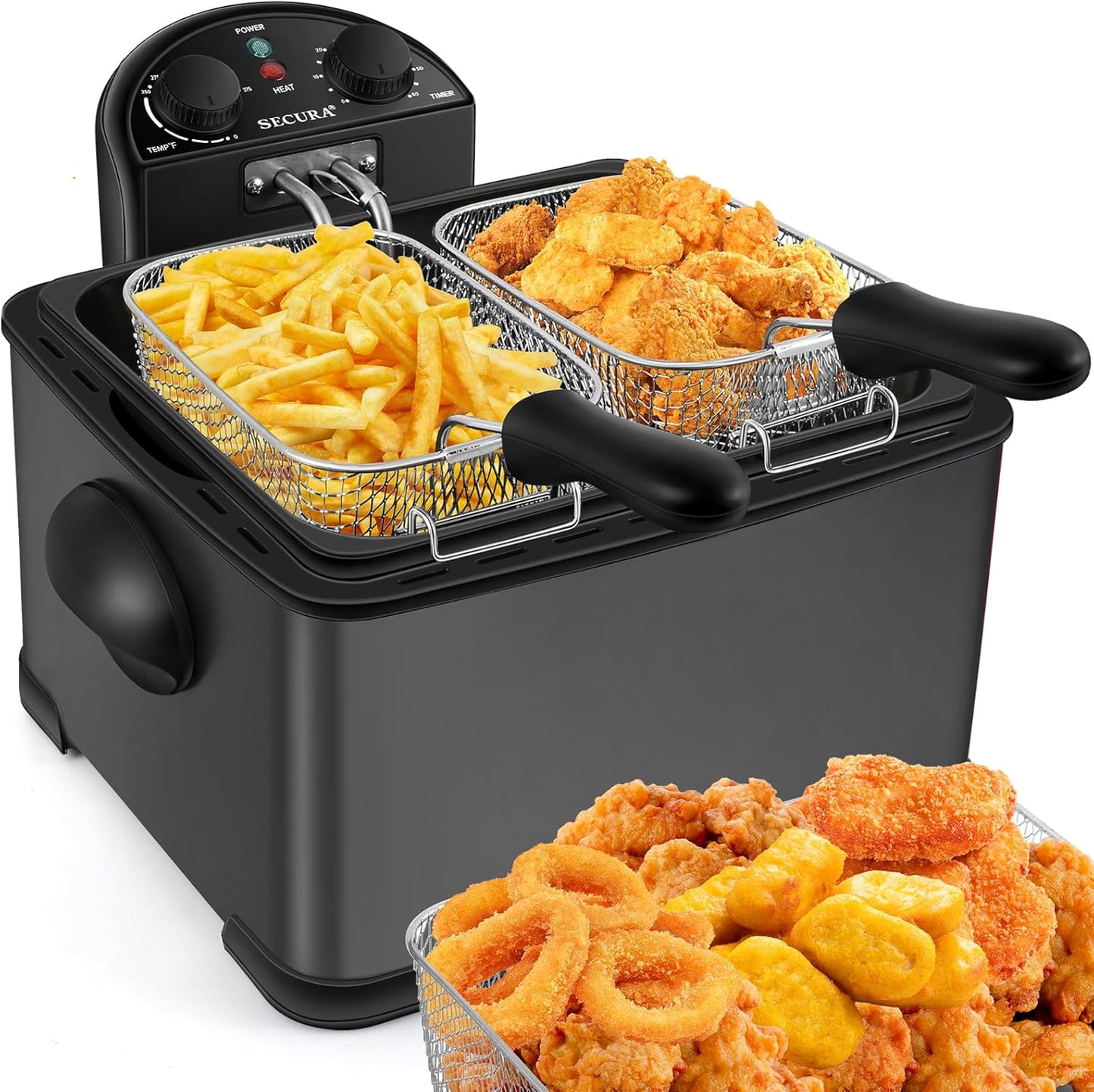 Secura 1700-Watt Stainless-Steel Triple Basket Electric Deep Fryer with Timer Free Extra Odor Filter, 4L\/17-Cup, Black