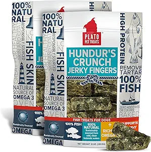 PLATO Pet Treats Fish Dog Treats - Air-Dried, Single Ingredient Dog Treat - with Omega 3 & 6 Fatty Acids to Support Skin and Coat - Cod Fish Skin - Hundur’s Crunch Jerky Fingers - 10 oz - 2 Pack