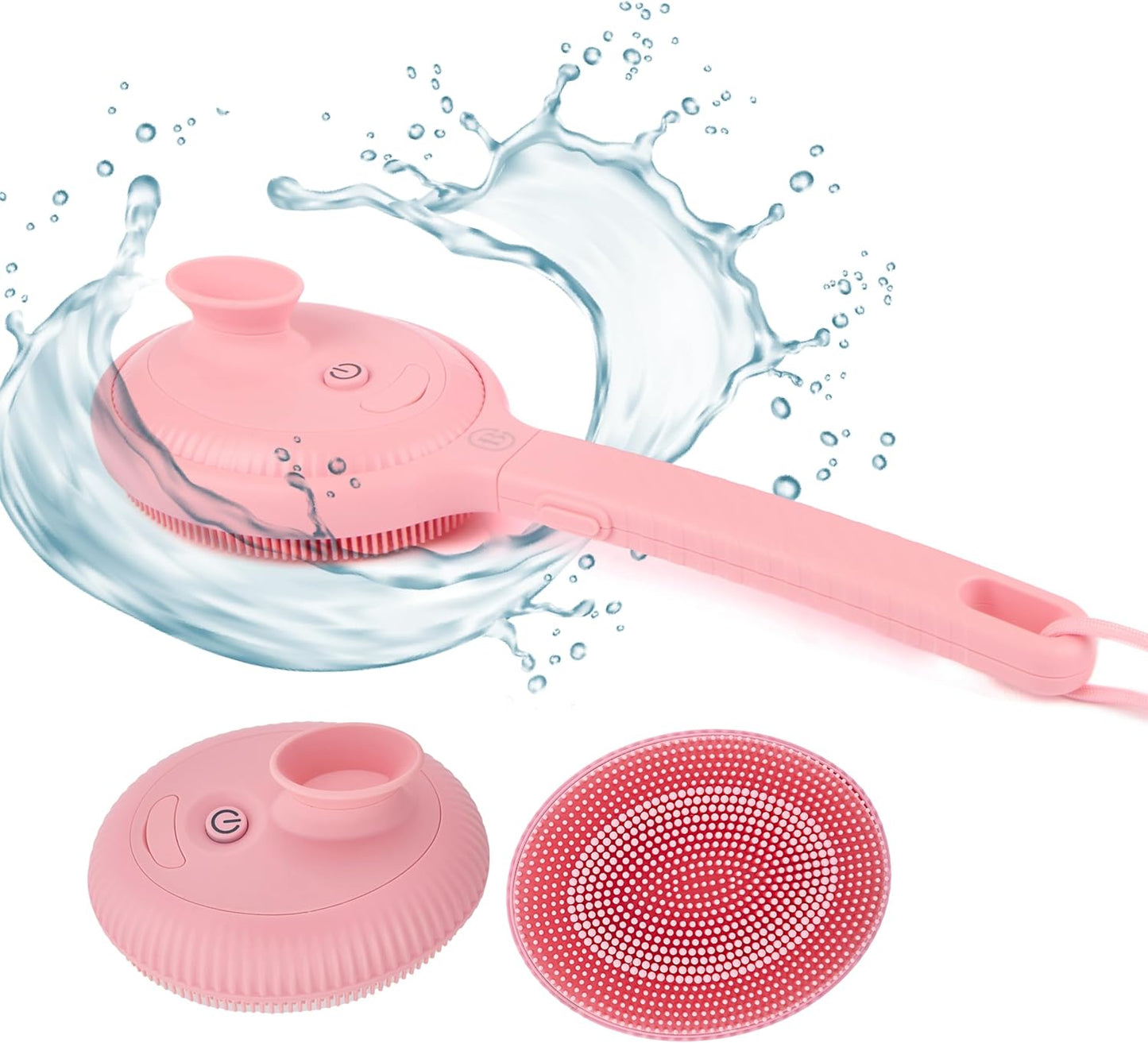 Bella Ciao Vibrating Shower Body & Face Scrubber for Women, 4 Vibrating Modes, Extendable Handle, Detachable Head – Silicone Massage Brush, USB-C Charging, IPX7 Waterproof (Pink)