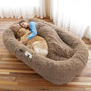 Human Dog Bed, Large Dog Beds for Humans Size Fits You and Pets, Washable Faux Fur Orthopedic Human Pet Bed for People Doze Off, Napping, Present Pillow, Blanket, Strap - Khaki