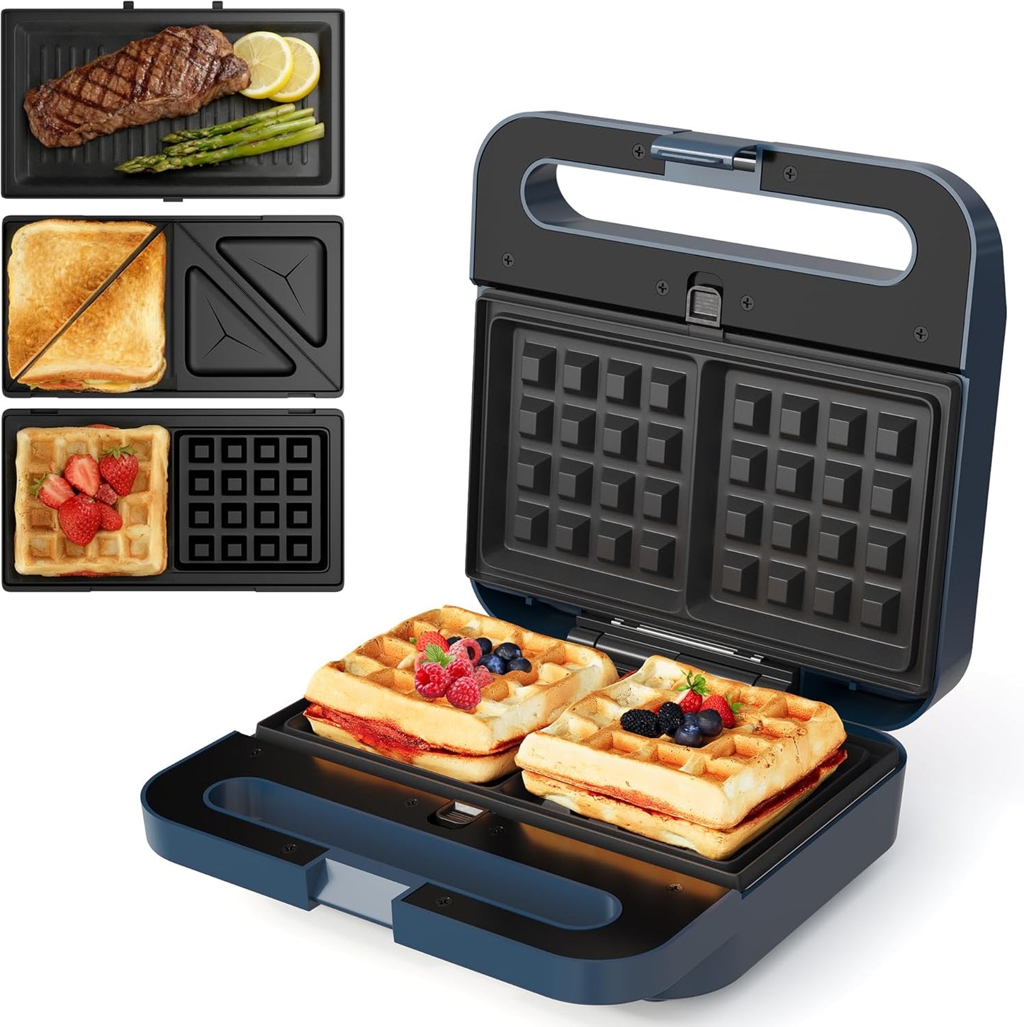 SUNVIVIPRO Sandwich Maker Panini Press Grill, 3 in 1 Electric Waffle Maker with Removable Non-stick Plates, Glass Top, Cool Touch Handle & Easy to Clean, 1000W