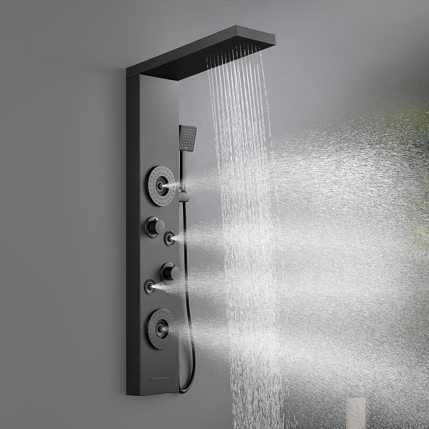 ROVATE Shower Panel Tower System with Rainfall Shower, Elegant Matte Black Shower Tower with Powerful Body Massage Jets, Handheld and Tub Spout, Stainless Steel Shower Column High Pressure