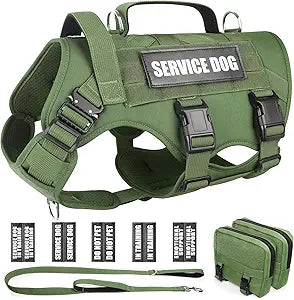 WINSEE Tactical Dog Harness with Dog Leash, Service Working MOLLE Vest with 10 Pet Patches for Dog, No Pull Military Harness and Backpack for Training Hunting Walking