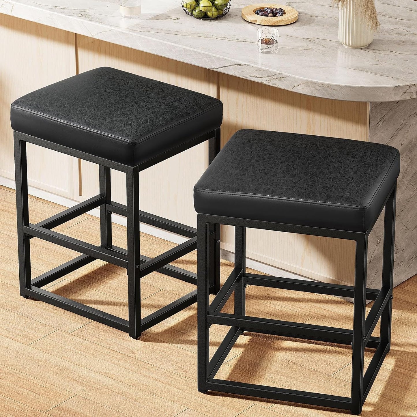 Raynesys Counter Height Bar Stools Set of 2, 24" Barstools for Kitchen Countertop, Faux Leather Counter Stools with Thick Square Seats & Sturdy Metal Base, Simple Assembly, Black