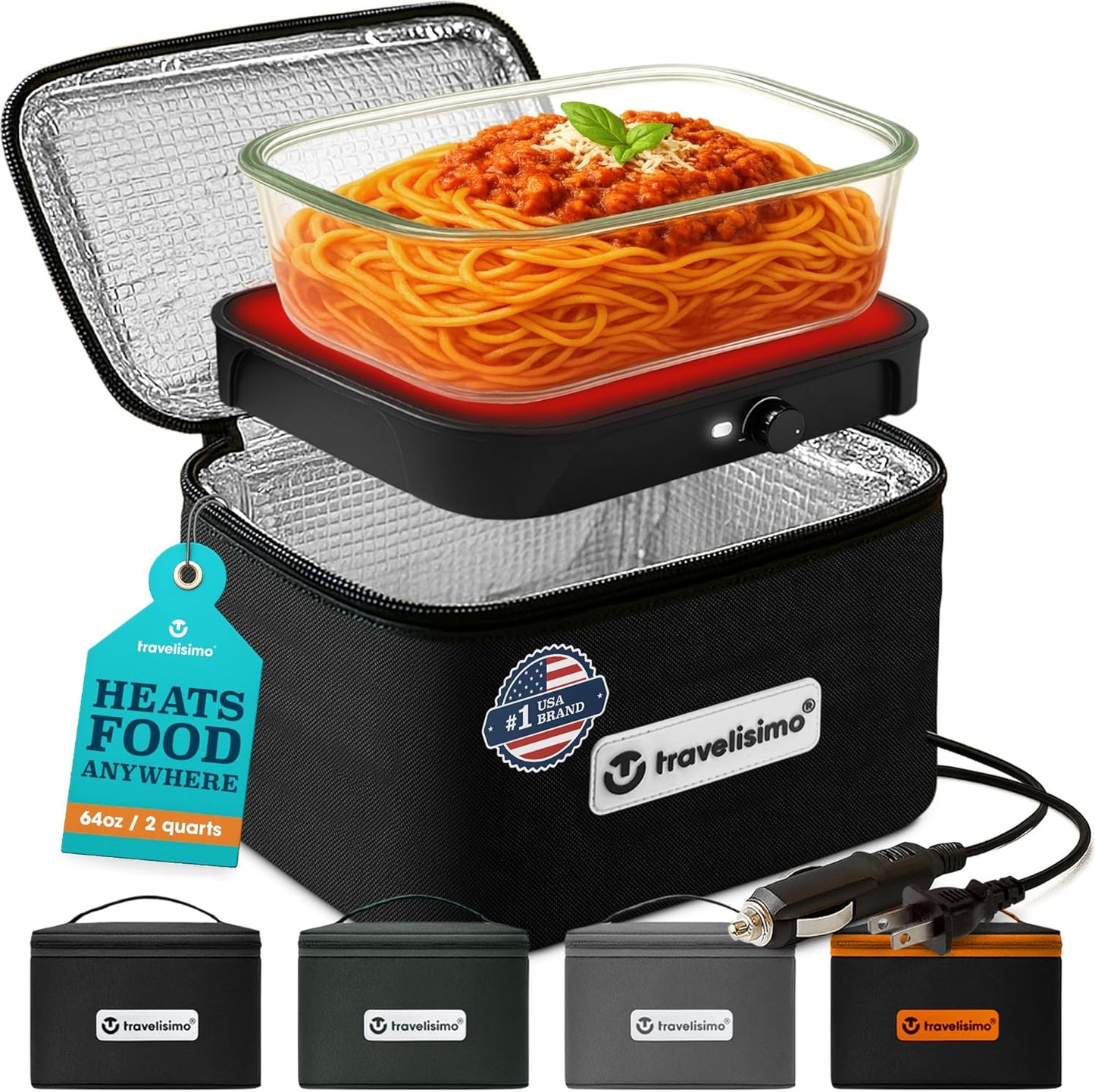 TRAVELISIMO Portable Microwave, Portable Food Warmer For Work & Home Use, Heated Lunch Box 12V\/24V\/110V, Portable Oven 3-in-1 Food Heater, Electric Lunch Box, Calentador de Comida Portatil