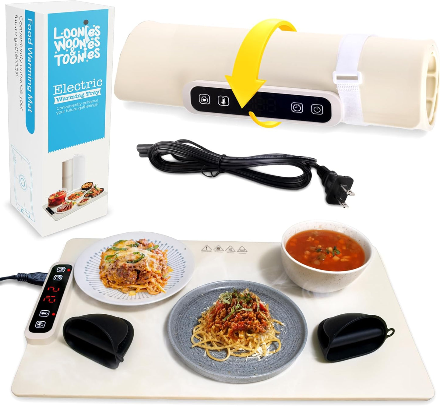 Electric Warming Mat for Food – Full-Surface Food Warming Mat, Adjustable Temperature, Black Mitten Holders, Easy to Clean, Kitchen Countertop Secure