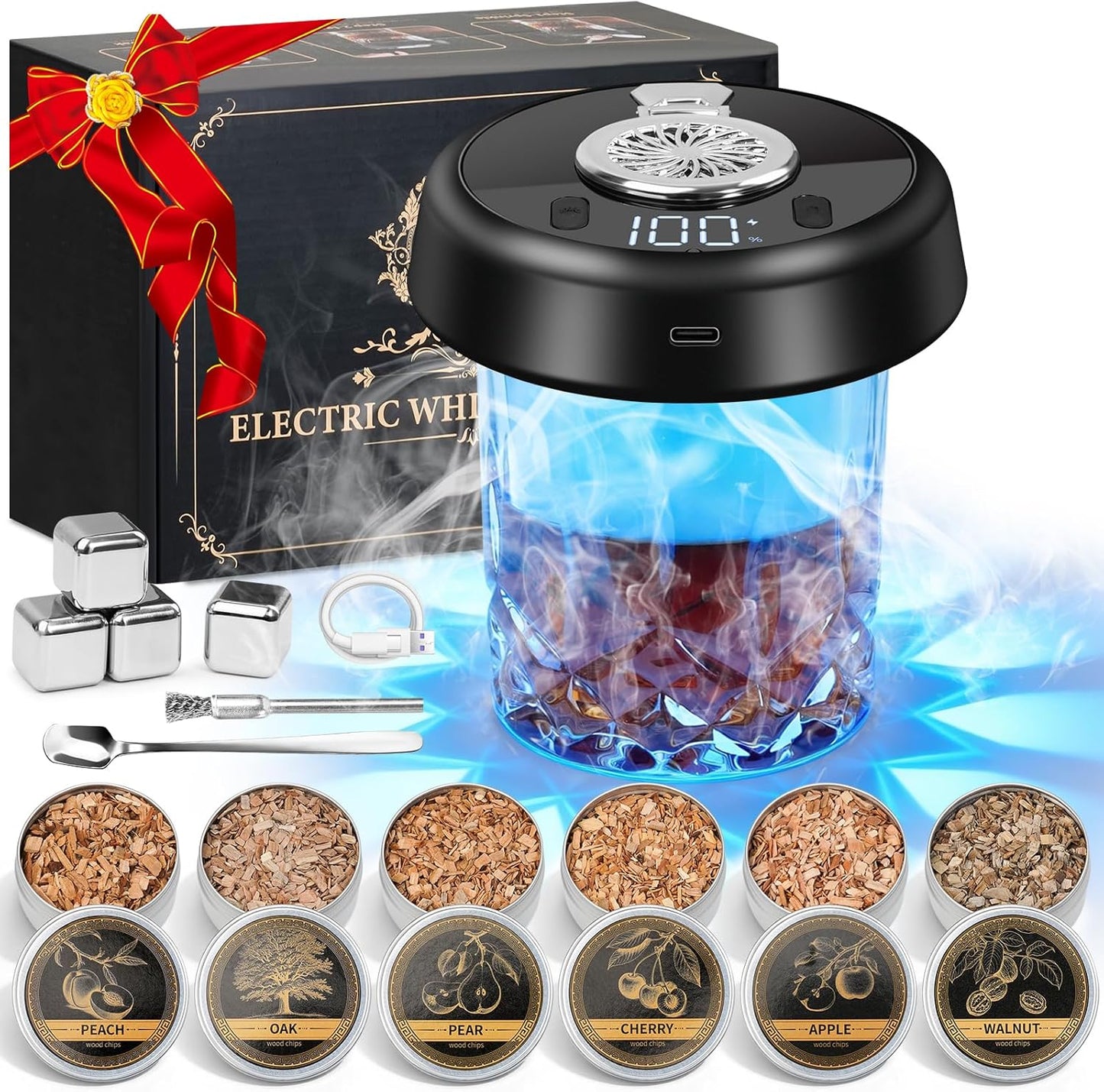 7-Color 2 Modes Ambient Light Electric Whiskey Smoker Kit with 6 Wood Flavors, Rechargeable LED Display Cocktail Smoker, Bourbon Smoker Kit for Whiskey, Cocktails, Food, Gift for Men