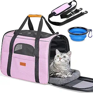 Morpilot Portable Cat Carrier - Soft Cat Carrier for Medium Cats and Puppy up to 15lbs,with Dual-Sided Cushion, Secure Buckle and Foldable Bowl, Dog Carriers for Small Dogs - Pet Carrier (Pink)