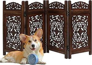 Pet Gate Indoor Foldable in Raise Wood-4 Panel Dog Safety Gate, 56" W x 28" H, Hand-Carved Solid Wood & MDF,Free Standing Portable Indoor Gate for Doorways,Halls, Stairs-Fully Assembled,Burnt