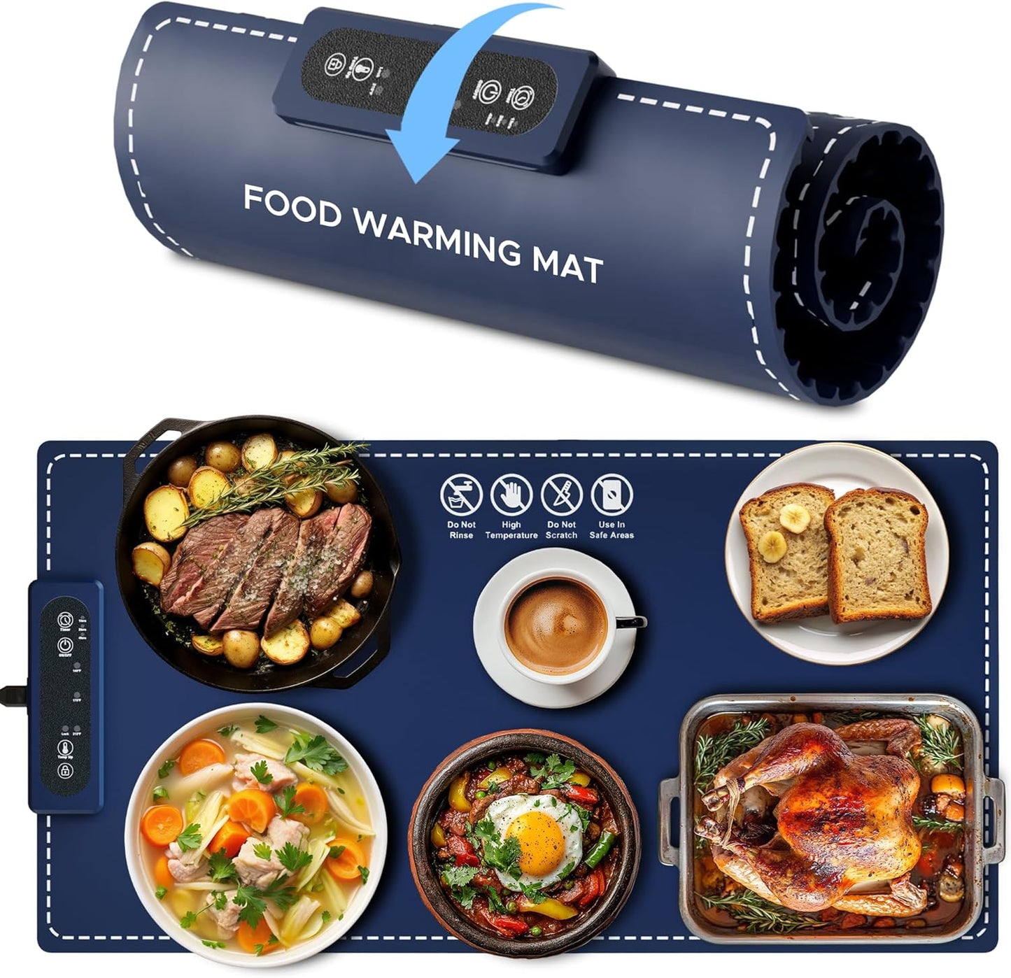Negative ion Food Warming Mat with Adjustable Temperature,Foldable Electric Warming Tray for Parties Features 3 Modes & Fast Heating,Roll Up Food Warmer for Parties,Shabbat,Christmas (Navy blue)
