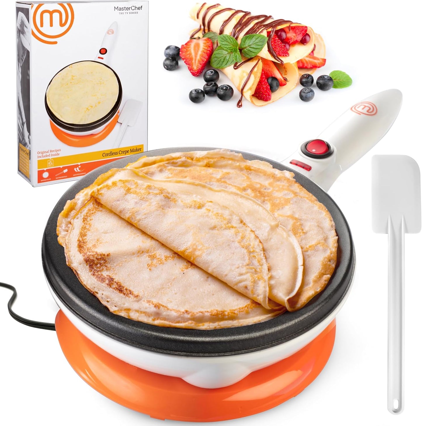 MasterChef Cordless Crepe Maker with Nonstick Dipping Plate plus Electric Base & Spatula, Recipe Guide Included, Compact Baker Machine for Thin Homemade Crepes, Baked Dessert Treats for Valentines Day
