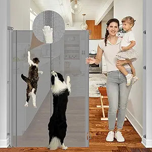 Reinforced 60" Extra Tall Dog Gates Indoor Climb Proof Cat Gate for Hallway - No Jumping Over/Crawling Under, 55" Wide Mesh Baby Gate Retractable Pet Gate, 5 Foot Extra Tall Cat Gate for Doorway, Gray