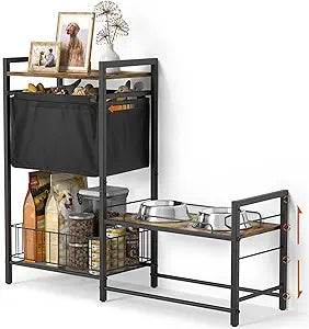 Elevated Dog Bowl Stand with Toy Bin Basket, 4 Height Adjustable Raised Feeding Station Cabinet, Lifted Food and Water Bowl Holder, Pet Storage Organizer for Large Medium Small Dogs