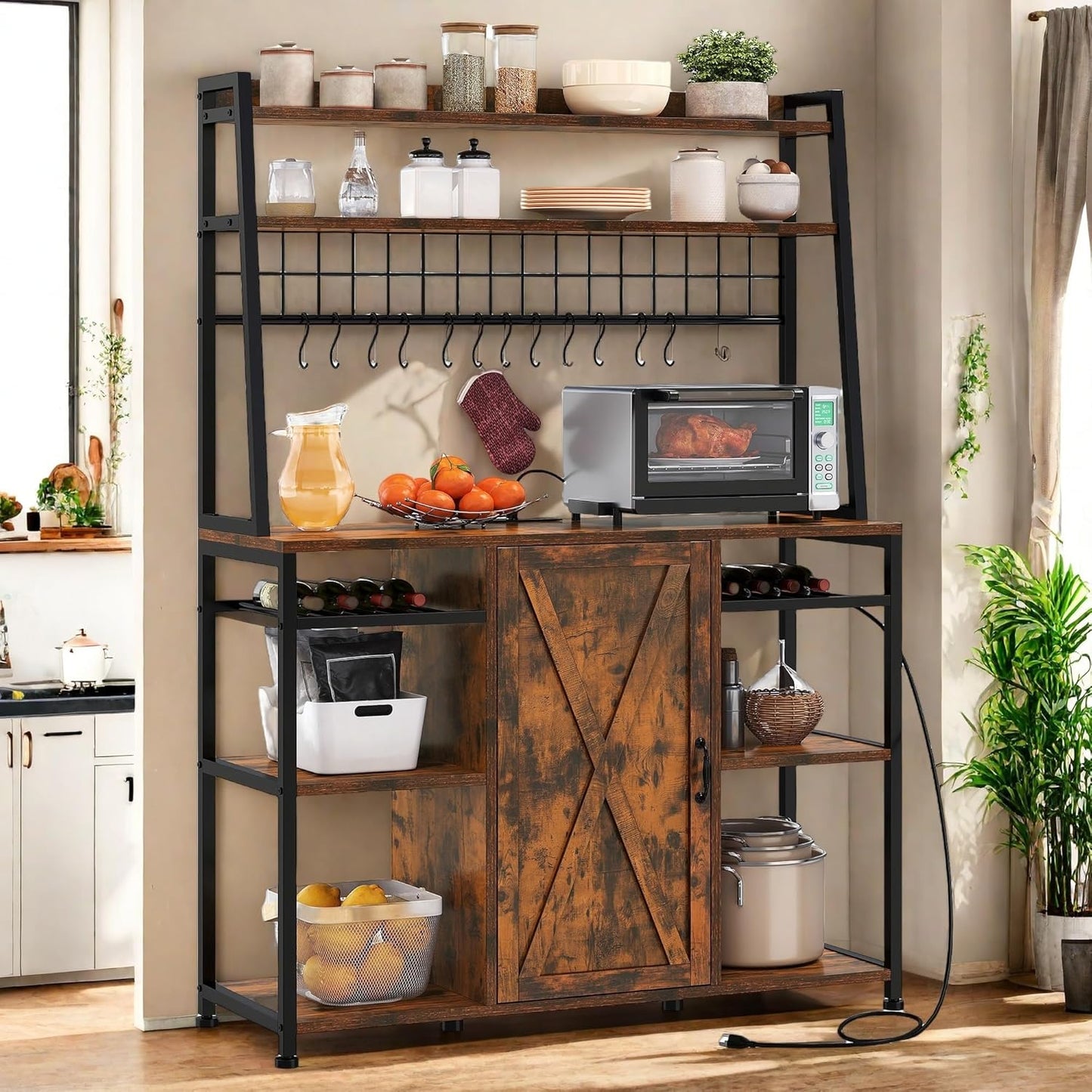YITAHOME Large Bakers Rack with Power Outlet and Storage Cabinet, 47 Inch Farmhouse Coffee Bar Cabinet, Kitchen Microwave Stand with Wine Shelves and 12 Hooks, Rustic Brown