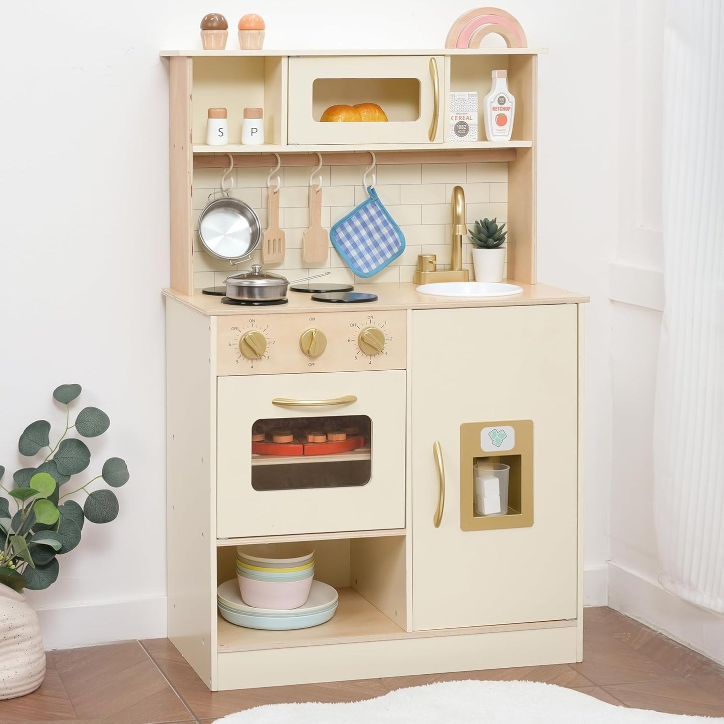 Wooden Play Kitchen for Kids with Ice Maker & 17 Accessories, Toddler Toy Kitchen with Sink, Oven, Stovetop, Microwave, Educational Kitchen Playset Gift for Toddlers Boys Girls Ages 3 to 8