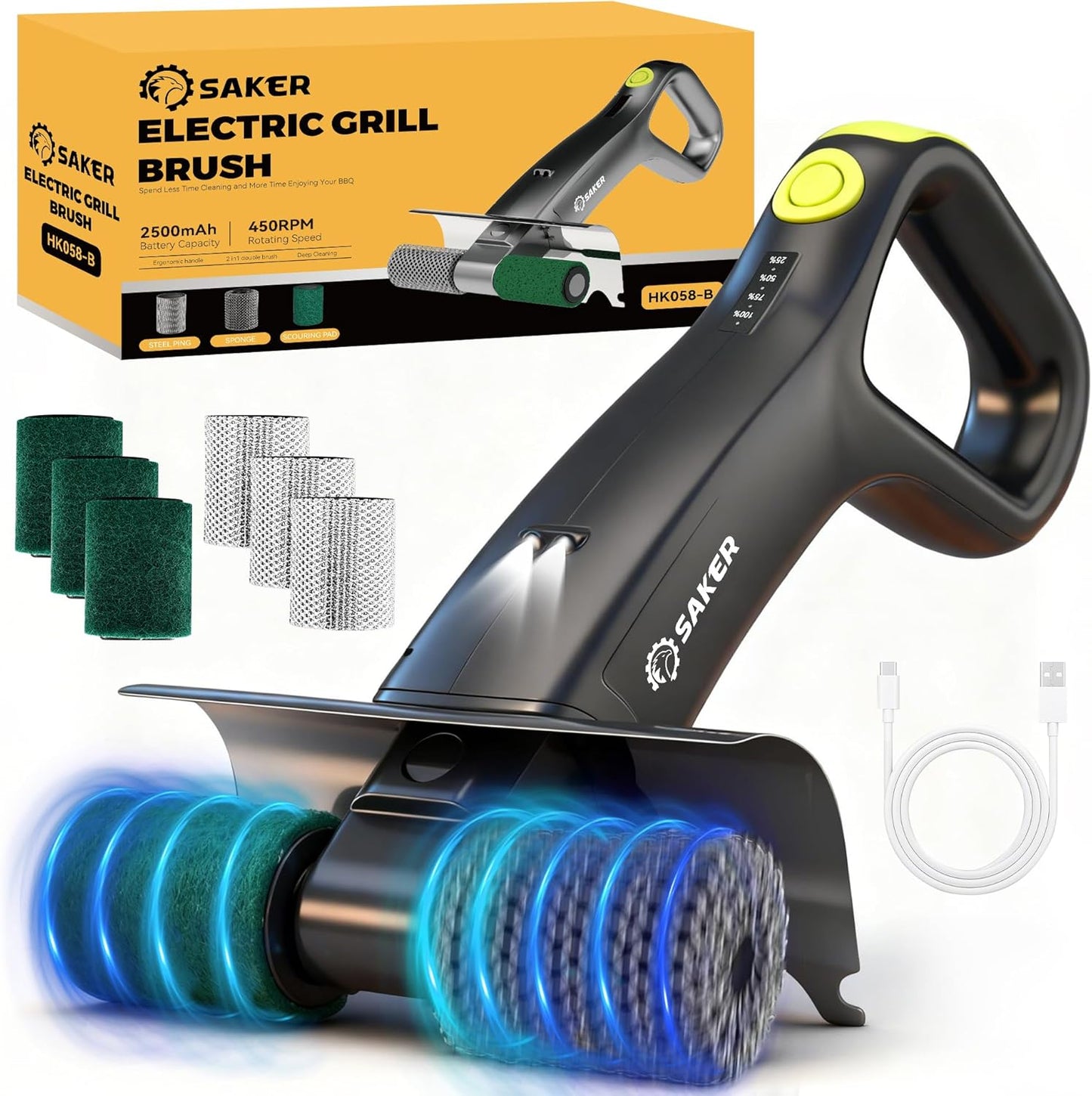 Saker Electric Grill Brush for Outdoor Grill, Bristle-Free Automatic Grill Cleaning Brush with 450 RPM & LED Light, Grill Rescue BBQ Brush Set with 3 Interchangeable Heads