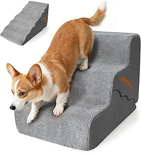 Pet Dog Stairs for Small Dogs, 2 in 1 Transformable 3-Step Pet Stairs and Wave Anti-Fall Slope for Short Legs and Long Legs Dog, for Couch (12-19 in) with Durable Non-Slip Waterproof Cover(Grey)