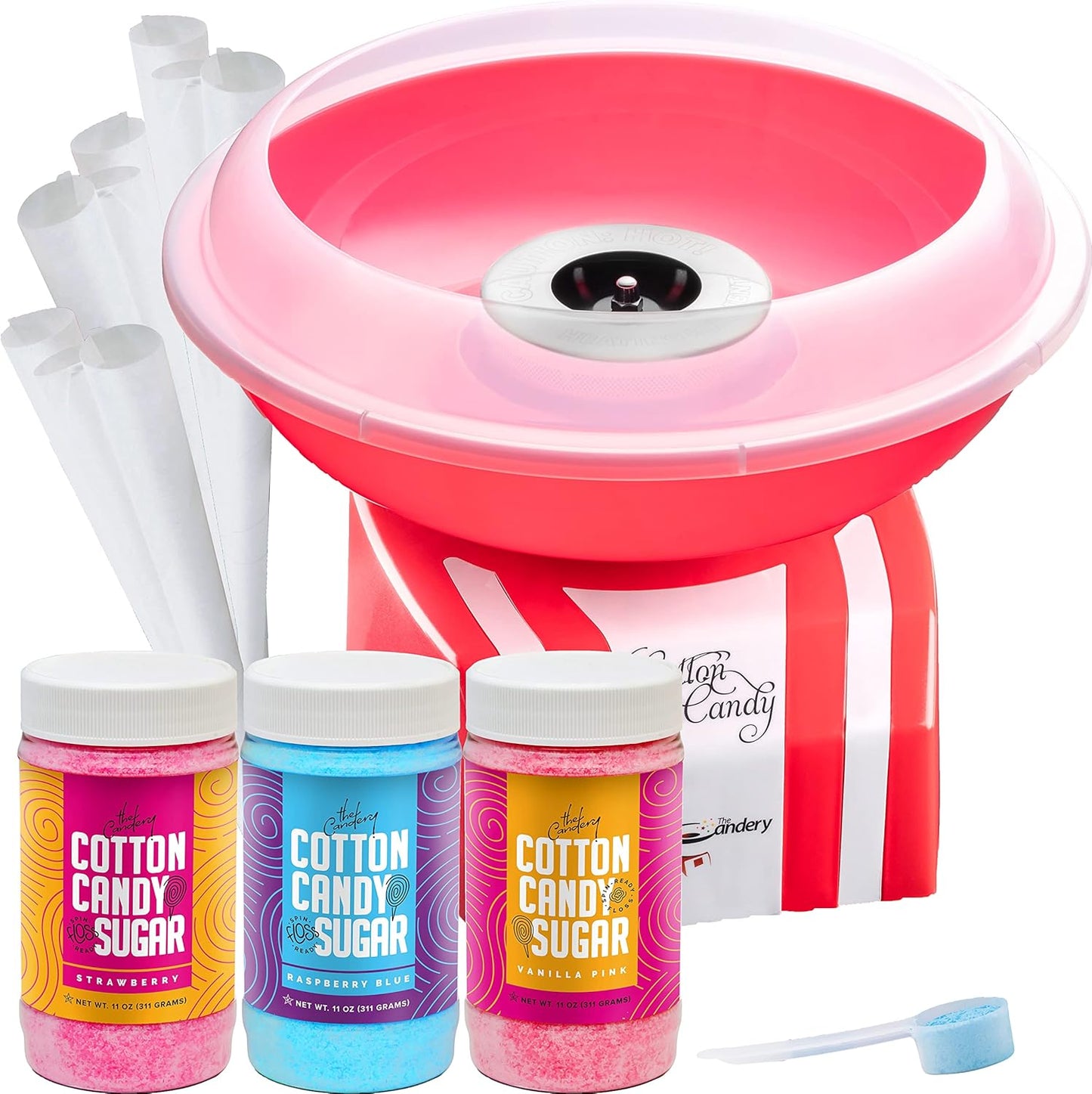 The Candery Cotton Candy Machine and Floss Bundle- Bright, Colorful Style- Sugar Free Candy, Sugar Floss, for Birthday Parties - Includes 3 Floss Sugar Flavors 12oz Jars and 50 Paper Cones & Scooper