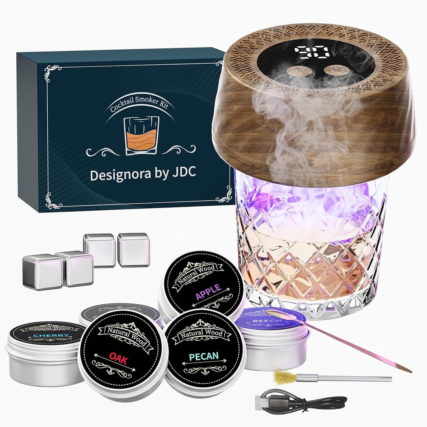 Electric Cocktail Smoker Kits with 6 Wood Chips, Whiskey Smoker Kit with Built-in Lighter, Old Fashioned Bourbon Drinking Smoking Kit, Gifts for Dad Husband Men Father Whiskey Lovers, No Butane Needed