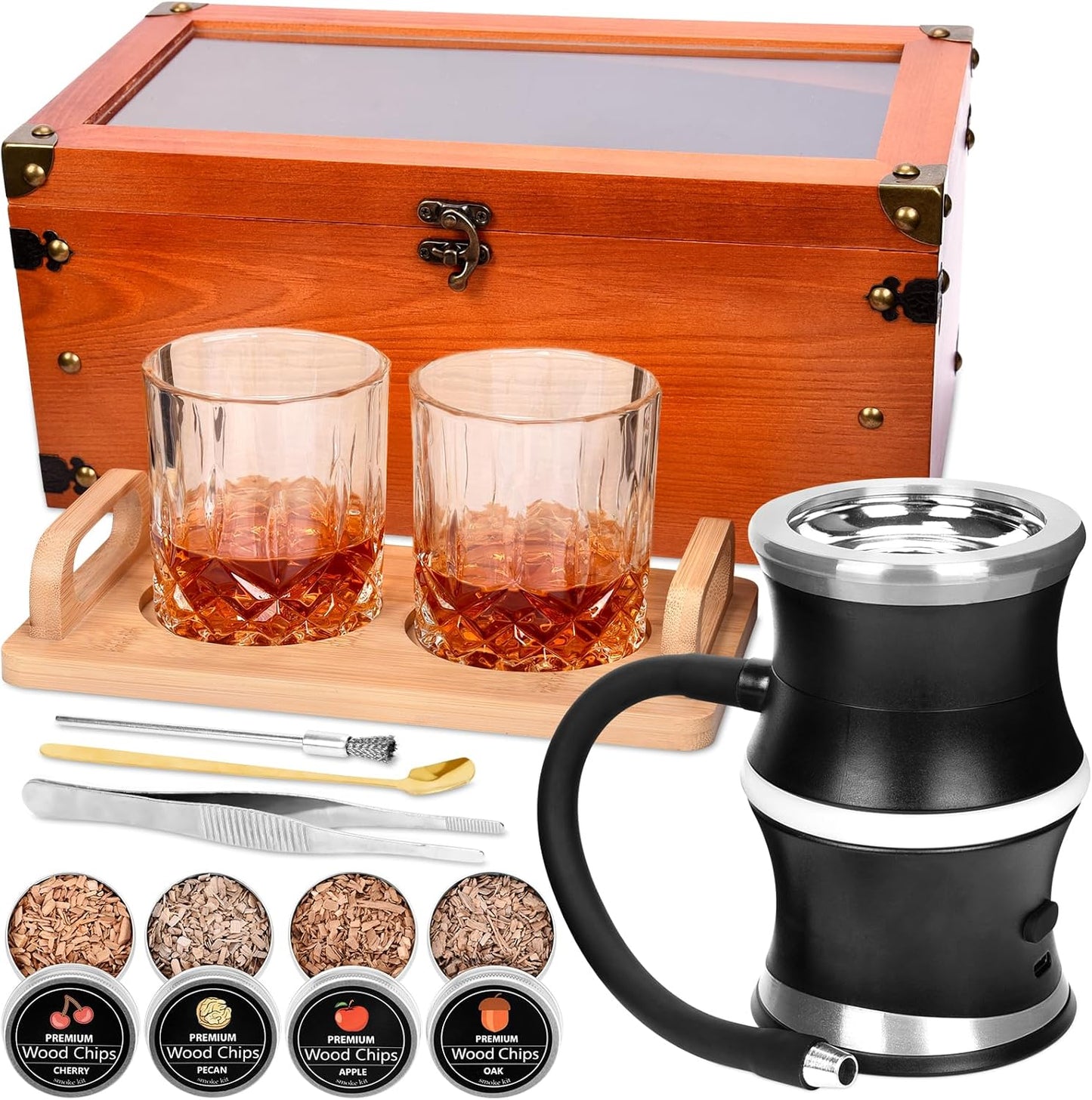 Electric Old Fashioned Smoker Kit, Whiskey Smoker Kit with Wooden Smoke Box, Cocktail Smoker Kit Infuse Rich Smoky in Bourbon&Cocktail, Home Bar Birthday Whiskey Gift for Men, Dad, Husband, Boyfriend