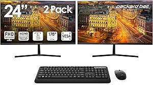 Packard Bell airFrame 24" FHD Monitors + Wireless Keyboard & Mouse, VESA Mount Compatible, HDMI/VGA, Tilt, Slim Bezel, for Home, Office, Light Gaming 2 Pack