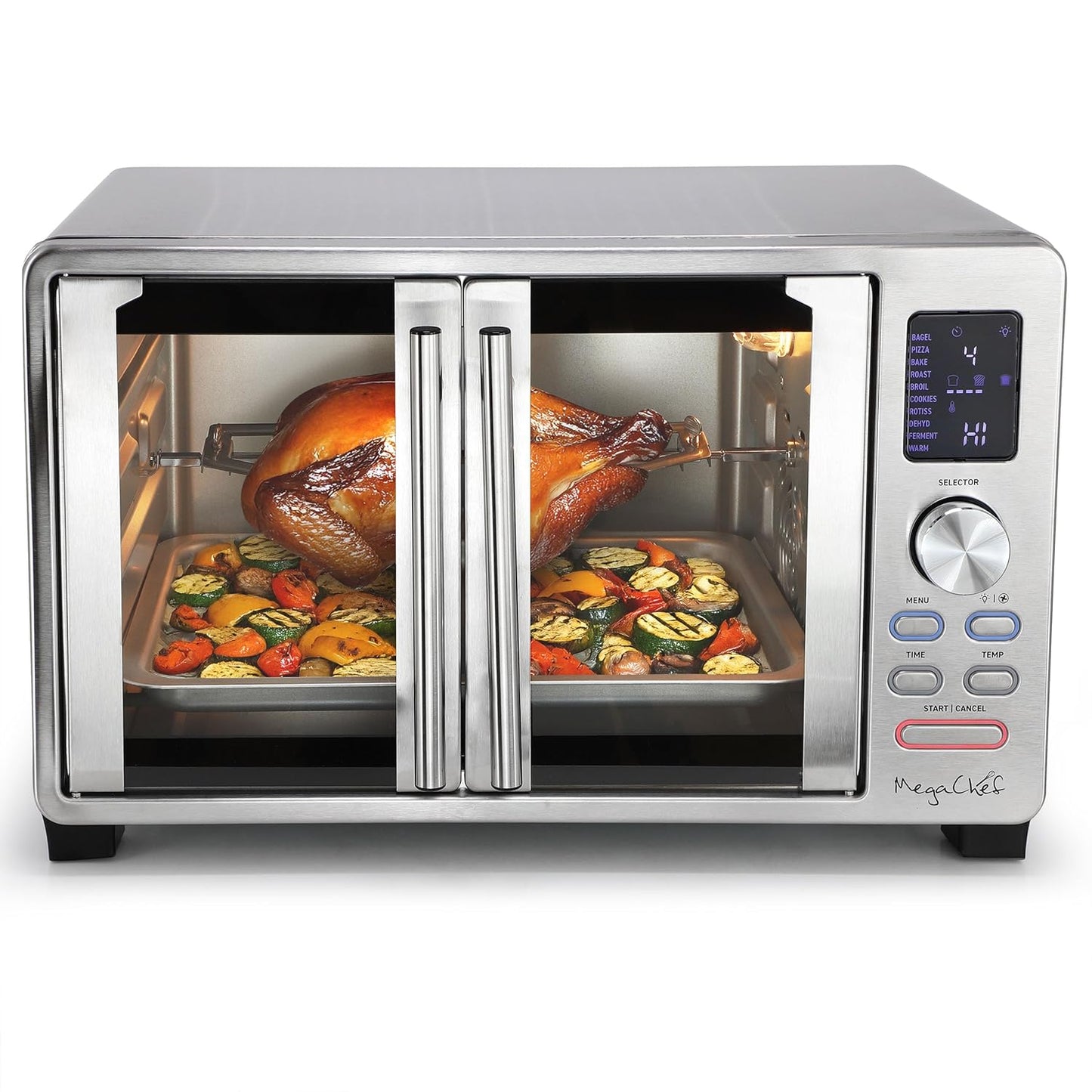 MegaChef 25 Liter Digital Electric French Door Multi-Function Counter Top Oven with Rotisserie Set & Toast, Bagel, Pizza, Bake, Roast, Broil, Cookies, Rotisserie, Dehydrate, Ferment, Warm Functions