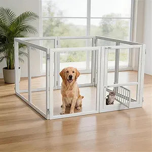 Acrylic Dog Playpen with Door, 27.9“ Height, Heavy Duty Clear Pet Pen, Dog Fence Crate Kennel Whelping Cage, Ideal for Small to Medium Dogs, Cats, and Other Small Pets (White)