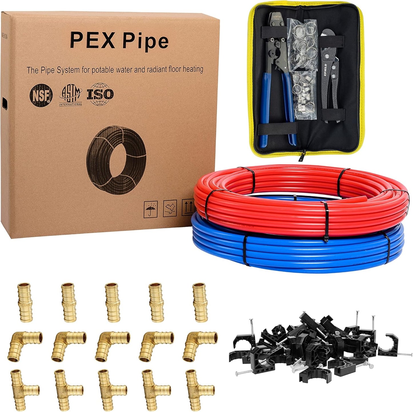 EFIELD 1\/2 Inch 2 x 100 ft (200 Ft) Pex-b Pipe\/Tubing, Brass pex Fittings, Crimping Tool, Cinch Clamps, Cutter, J-Clamps(All-in-One Bundle),(129)