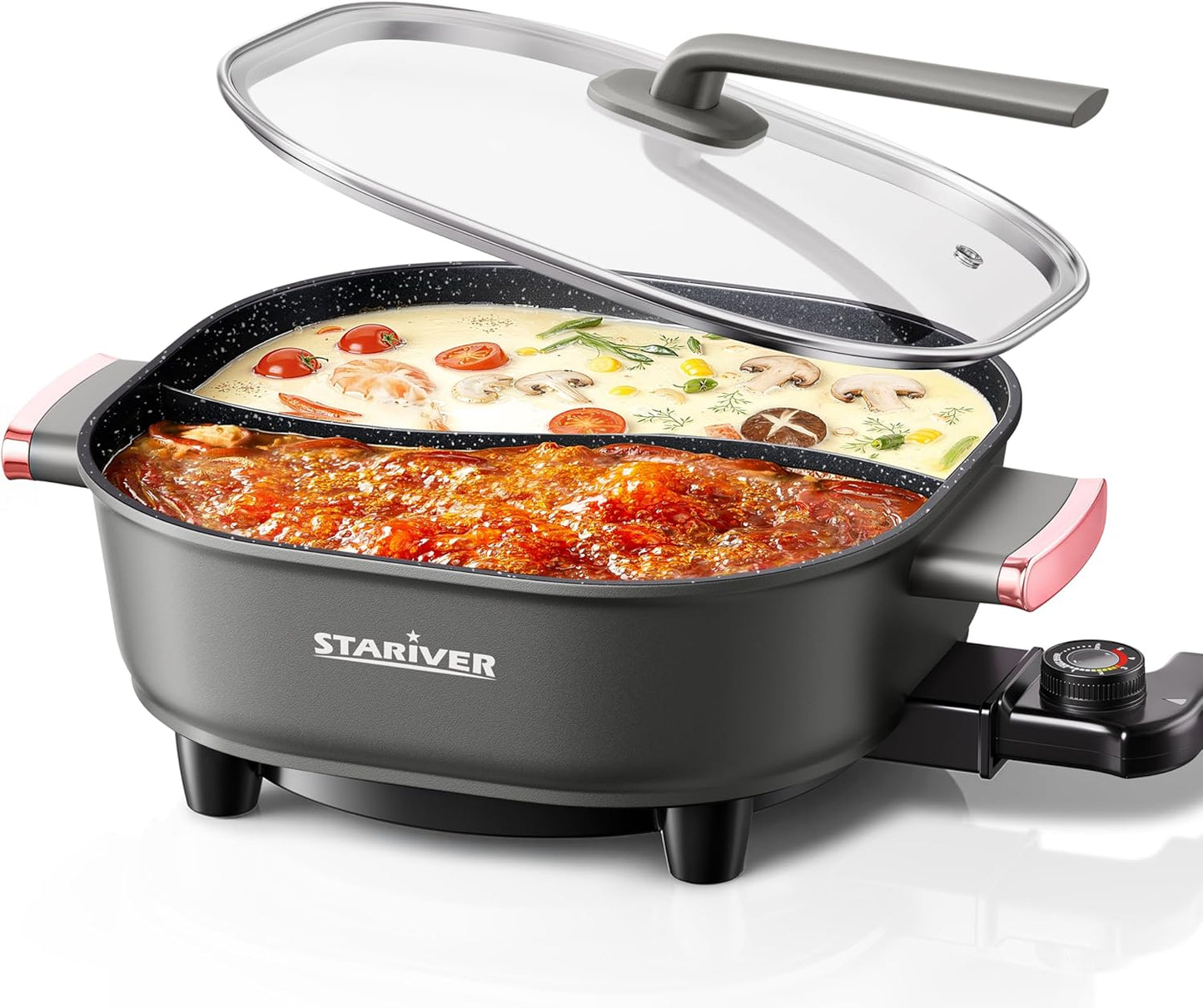 Stariver 6L Electric Hot Pot with Divider, 1300W, Dual-Flavor Pot for Two Broths, 5-Temp Control & Non-Stick Coating, Electric Pot for Shabu Shabu, Fondue, Perfect for Family Gatherings & Parties