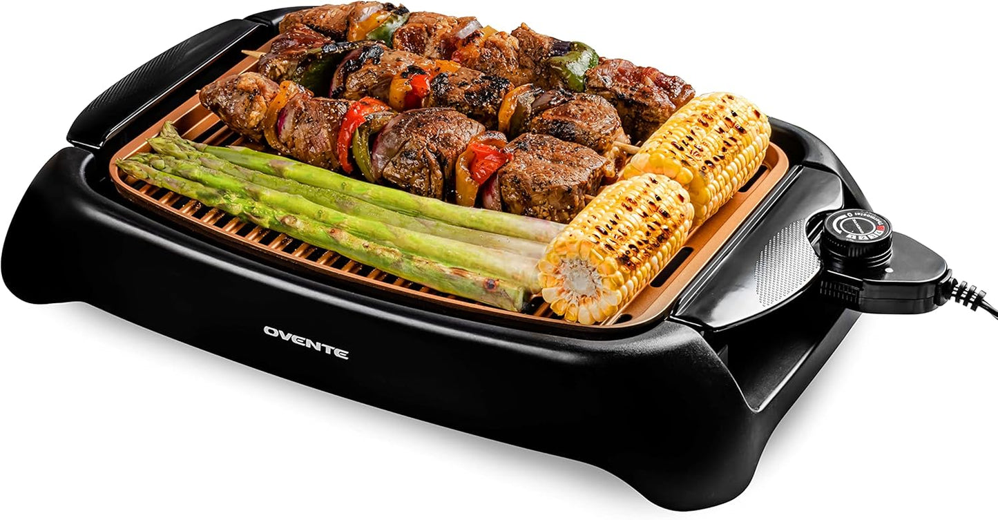OVENTE Electric Indoor Grill with 13x10 Inch Non-Stick Cooking Surface, 1000W Fast Heat Up Power, Adjustable Temperature, Removable and Dishwasher Safe Grilling Plate and Drip Tray, Copper GD1632NLCO