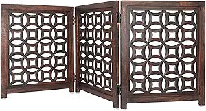 Wooden Foldable Pet Dog Safety Gate -3 Panels 20"Wx24"H- Hand Carved Solid Wood And MDF - Free Standing Portable Indoor Doorway Hall Stairs Dog Puppy Fence - Fully Assembled - Antique Brown -IRONGATE