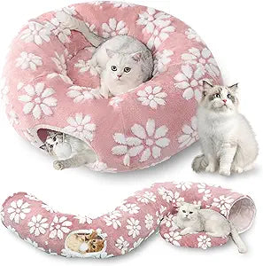 Cat Tunnel for Indoor Cats, Cute Peekaboo Cat Cave with Dangling Balls, Pet Donut Tunnel Bed with Circle Mat for Puppy Kitten Rabbit, Pink